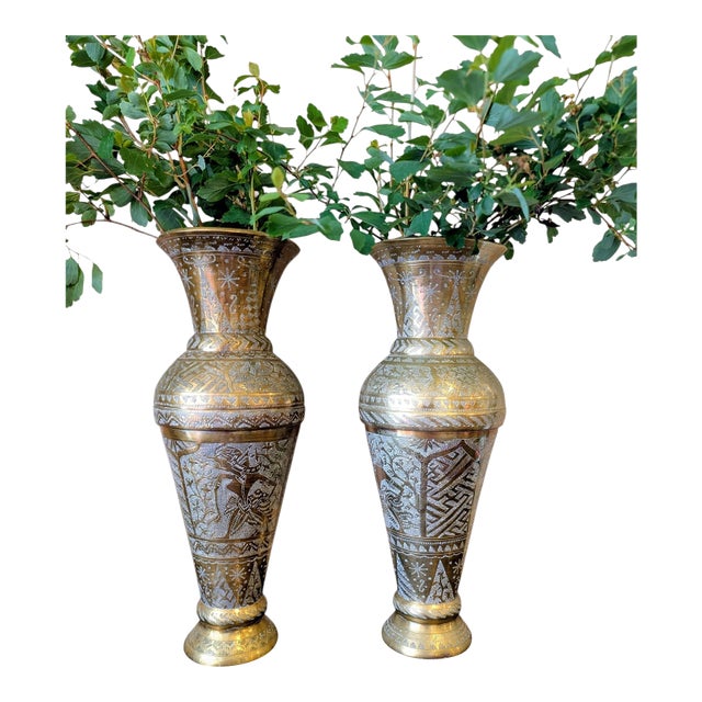 Pair of Large Mid-Century Indian Etched Brass Vases For Sale