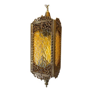 Mid-Century Moroccan Pendant Light With Amber Stained Glass For Sale