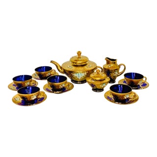 Vintage Egermann Bohemian/Czech Crystal Tea Set in Cobalt Blue With Hand Painted Raised Enamel Flowers and 24k Gold Heavily Gilded- Service for 6 For Sale
