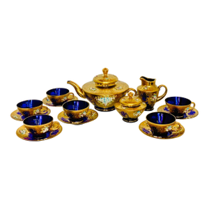 Vintage Egermann Bohemian/Czech Crystal Tea Set in Cobalt Blue With Hand Painted Raised Enamel Flowers and 24k Gold Heavily Gilded- Service for 6