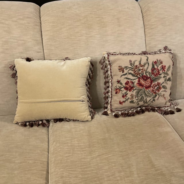 Traditional Pair of Needlepoint Rose Pillows For Sale - Image 3 of 3