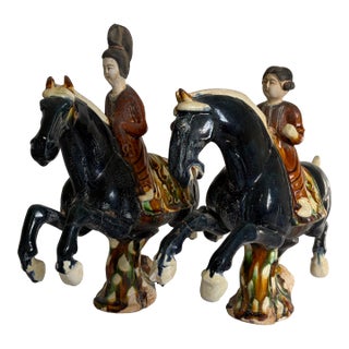 Chinese Tang-Style Sancai Glazed Horse and Rider Figurines - Pair For Sale
