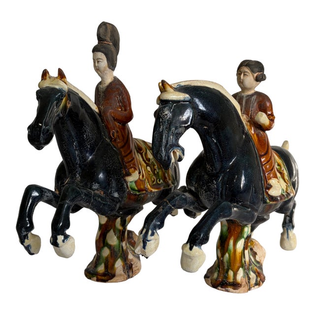 Chinese Tang-Style Sancai Glazed Horse and Rider Figurines - Pair For Sale
