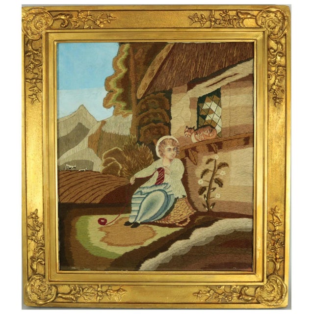 Early 19th Century Georgian Woolwork Picture of Child Playing With Cat For Sale - Image 13 of 13