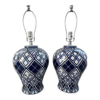 Vintage Aalia Navy Blue and White Geometric Porcelain Ginger Jar Table Lamps - a Pair For Sale