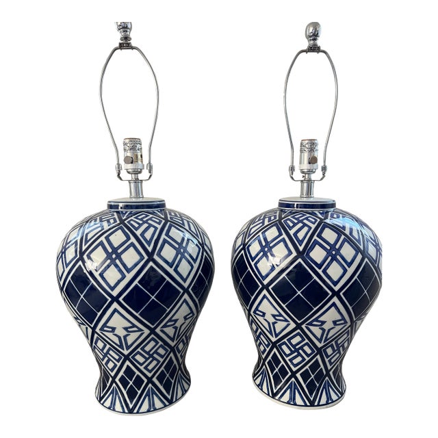 Vintage Aalia Navy Blue and White Geometric Porcelain Ginger Jar Table Lamps - a Pair For Sale
