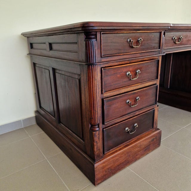 Mid-Century Modern Chesterfield Double Sided Mahogany Desk with Leather Top For Sale - Image 3 of 10