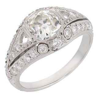1920s Art Deco Inspired Gia 1.24 Carat Old Mine Cut Diamond Platinum Engagement Ring, Size 5.5 For Sale
