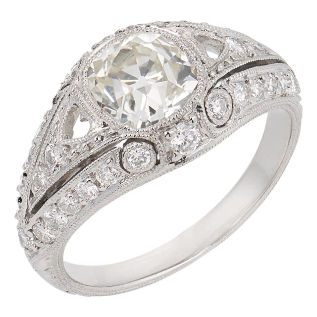 1920s Art Deco Inspired Gia 1.24 Carat Old Mine Cut Diamond Platinum Engagement Ring, Size 5.5 For Sale