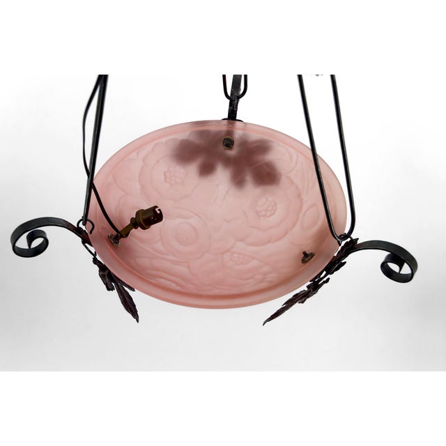 Pink Suspension Light in Wrought Iron with Vine Decoration & Pressed-Molded Pink Glass Bowl with Geometric Floral Patterns, France, 1930 For Sale - Image 8 of 12