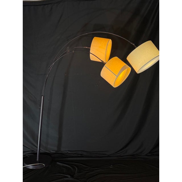 Textile Modern Black Three-Light Arc Floor Lamp With Drum Shades For Sale - Image 7 of 8