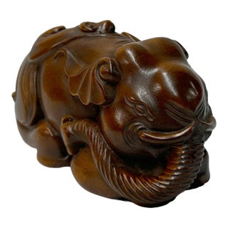 3" Artistic Brown Wood Carved Elephant Fengshui Miniature Figure For Sale