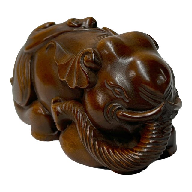 3" Artistic Brown Wood Carved Elephant Fengshui Miniature Figure For Sale