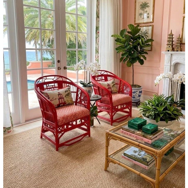 Vintage Brighton, Rattan Bamboo chairs. This pair have been professionally refurbished and reupholstered. Painted in coral...