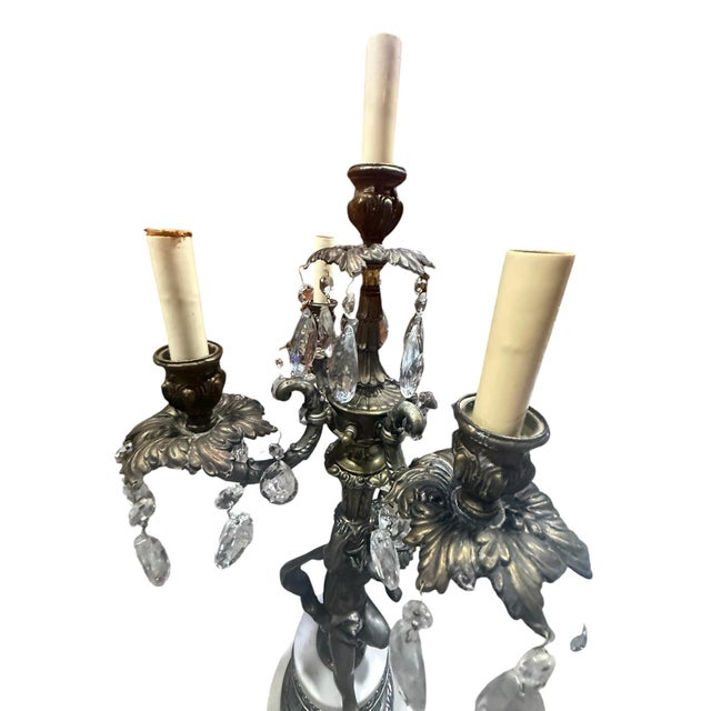 1960s Vintage Hollywood Regency Cherub Marble & Crystal 5-Light Candelabra Lamps - Pair For Sale - Image 5 of 7