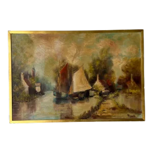 1950's Vincento Country River Impressionist Landscape Oil on Canvas Painting, Framed