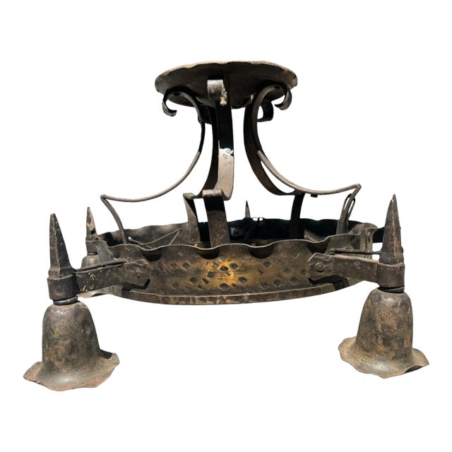 Vintage Cast Metal Arts & Crafts Style Round Hanging Chandelier Light Fixture For Sale