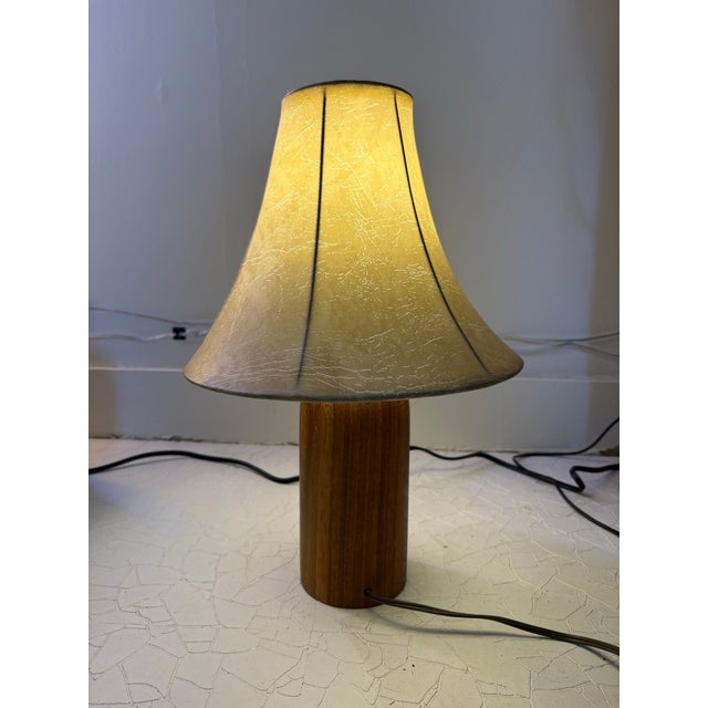 Wood 1950s Pair of Mid Century Turned Teak Lamps With Original Shades For Sale - Image 7 of 8