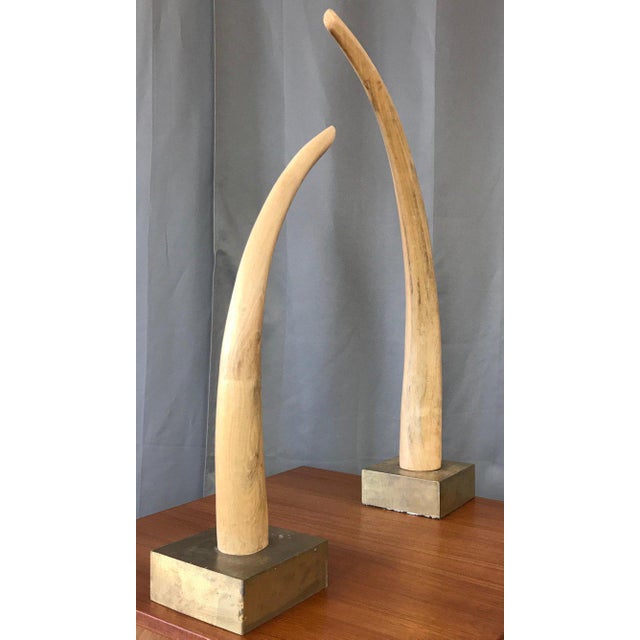 Monumental Pair of Tall Carved Wood Elephant Tusks Brass Bases Chairish