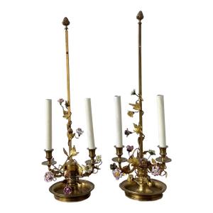 Vintage Regency Porcelain Roses Lamps - a Pair