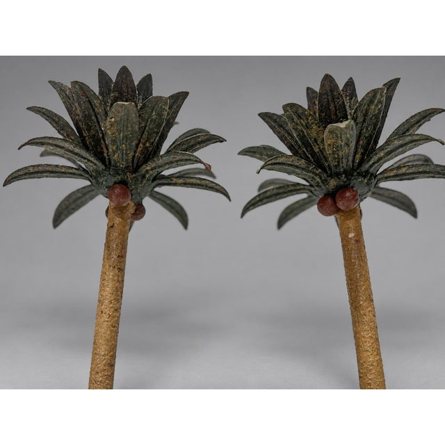 Pair of Mid-Century Painted Iron & Tole Palm Tree Candlesticks For Sale - Image 9 of 10