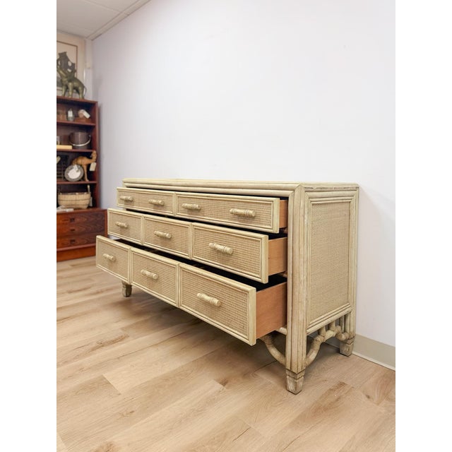 Mid 20th Century Coastal Ficks Reed Style Faux Bamboo Woven Nine Drawer Dresser, Wicker For Sale - Image 12 of 13