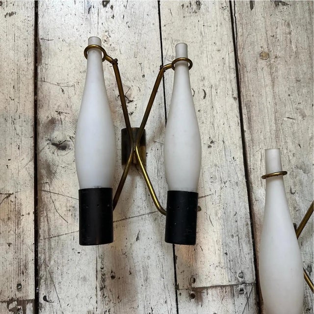 Two 1950s Stilnovo Style Mid-Century Modern Brass and Glass Wall Sconces For Sale - Image 4 of 12
