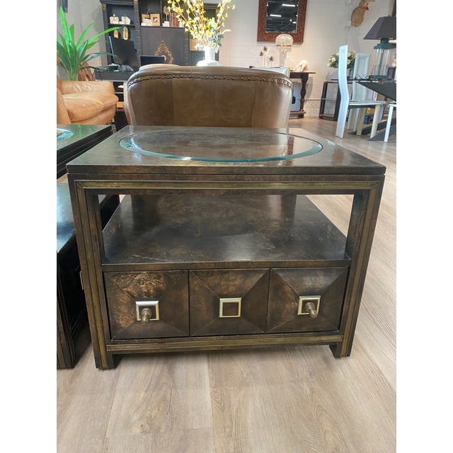 1970s Vintage 1970s Mastercraft Burl Elm & Brass End Table or Night Stand W/Drawer For Sale - Image 5 of 9