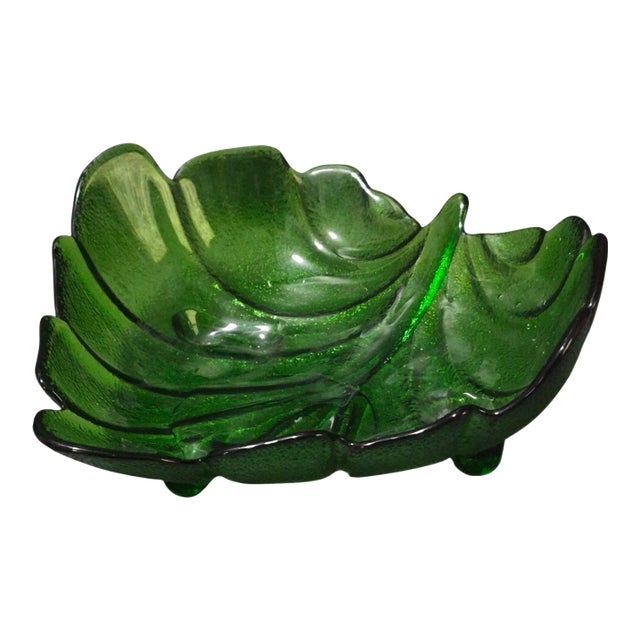 Vintage Forest Green Glass Leaf Shaped Footed Candy Dish For Sale