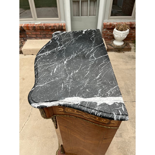 Louis XV Marquetry Dry Bar Cabinet or Commode- Black Marble Top For Sale - Image 9 of 12