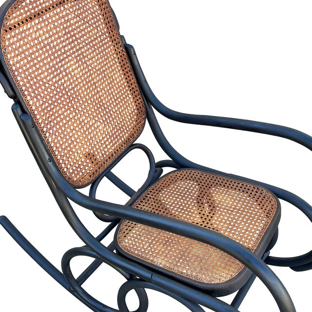 Early 20th Century Late Victorian Czechoslovakian Oak Scrolling Rocking Chair W/ Wicker Seat For Sale - Image 9 of 10
