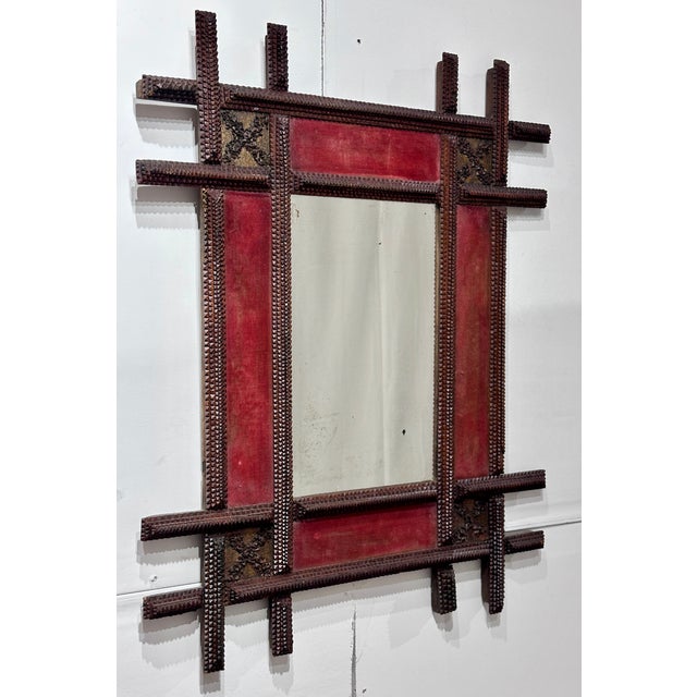 Oxblood Red Antique Folk / Tramp Art Mirror C Late 1800s For Sale - Image 8 of 9