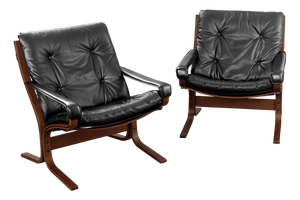 Vintage Siesta Chairs and Ottoman in Black Leather and Plywood by Ingmar Relling for Westnofa, 1960s, Set of 3