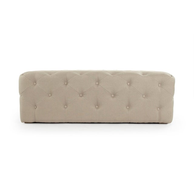 French Country Rectangular Tufted Linen Ottoman - Linen For Sale - Image 3 of 4