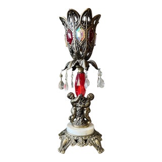 Mid 20th Century Baroque Brass Lamp With Mischievous Cherubs, Ruby Gems & Prismatic Drama For Sale