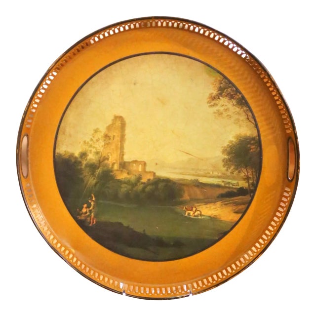 19th Century French Hand-Painted Round Tole Tray With Romantic Landscape Scene For Sale