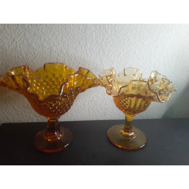 1950s Fenton Amber Hobnail Ruffled Edge Pedestal Compotes- Set of 2 For Sale - Image 4 of 6