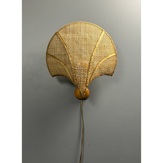 Wood Vintage Italian Rattan Wicker Pine and Brass Scallop Wall Sconces, 1970s, Set of 2 For Sale - Image 7 of 18