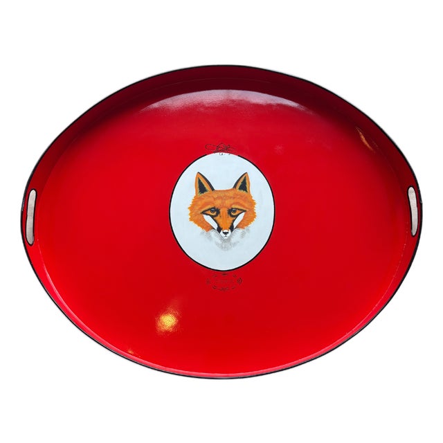 Red Base Fox Tole Tray For Sale