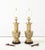 1980's Mid-century modern brass table lamps with wood base by Frederick Cooper, in vintage original condition with some...