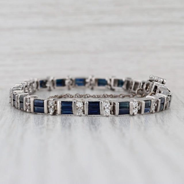 7.60ctw Blue Sapphire Diamond Tennis Bracelet 14k White Gold 7.25" 4.8mm For Sale - Image 4 of 8