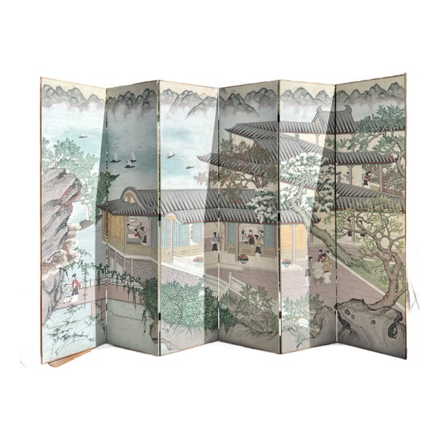 Grand-Scale Chinese Hand-Painted 6 Panel Folding Screen Room of Waterfront Village For Sale