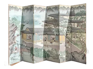 Grand-Scale Chinese Hand-Painted 6 Panel Folding Screen Room of Waterfront Village
