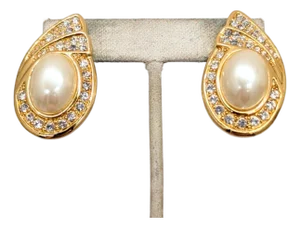 Vintage 1980s Signed Napier Goldtone Faux-Pearl & Clear Rhinestone Pierced Earrings-2 Pieces