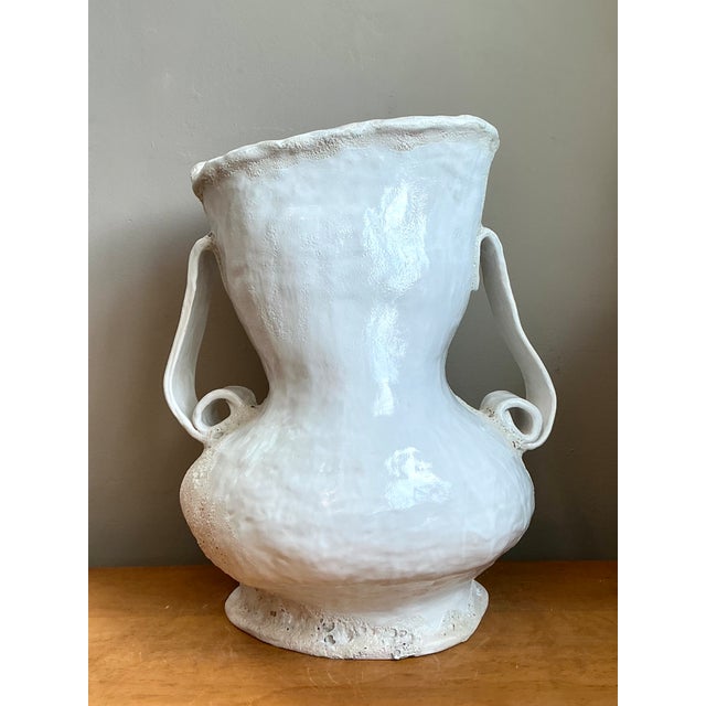 White Vintage Monumental White Ceramic Double-Handled Vase For Sale - Image 8 of 12