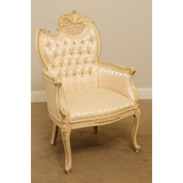1940s French Louis XV Style Vintage Pair Cream Painted Tufted Fire Side Chairs For Sale - Image 5 of 13
