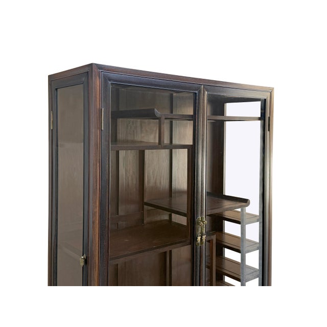 Vintage Dark Brown Oriental Treasure Glass Doors Display Curio Stack Cabinet For Sale - Image 11 of 13