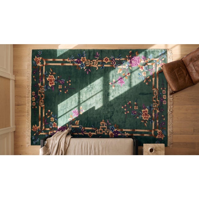 1920s Green Bamboo Floral Antique Chinese Art Deco Rug 4'2" X 7' Knotted Wool Carpet For Sale - Image 18 of 18