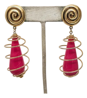 Vintage 1990s Signed Trifari Tm Goldtone Pink Spiral Pierced Earrings-2 Pieces