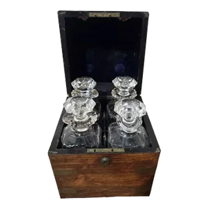 19th Century Antique Mahogany & Brass Campaign Decanter Box With Decanters- 5 Pieces